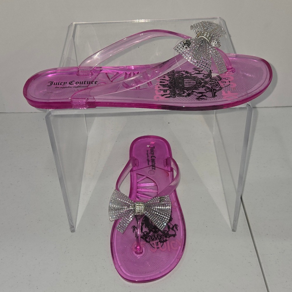 Juicy Couture Pink Jelly Flip Flop Sandals Rhinestone Bow Women Size 10